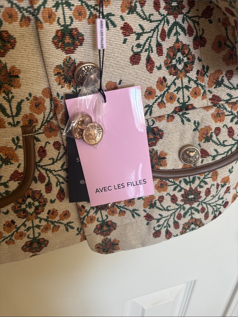 Avec Les Filles Cream Floral Cream Jacquard Cropped Jacket Brown Corduroy Collar - Picture 6 of 8